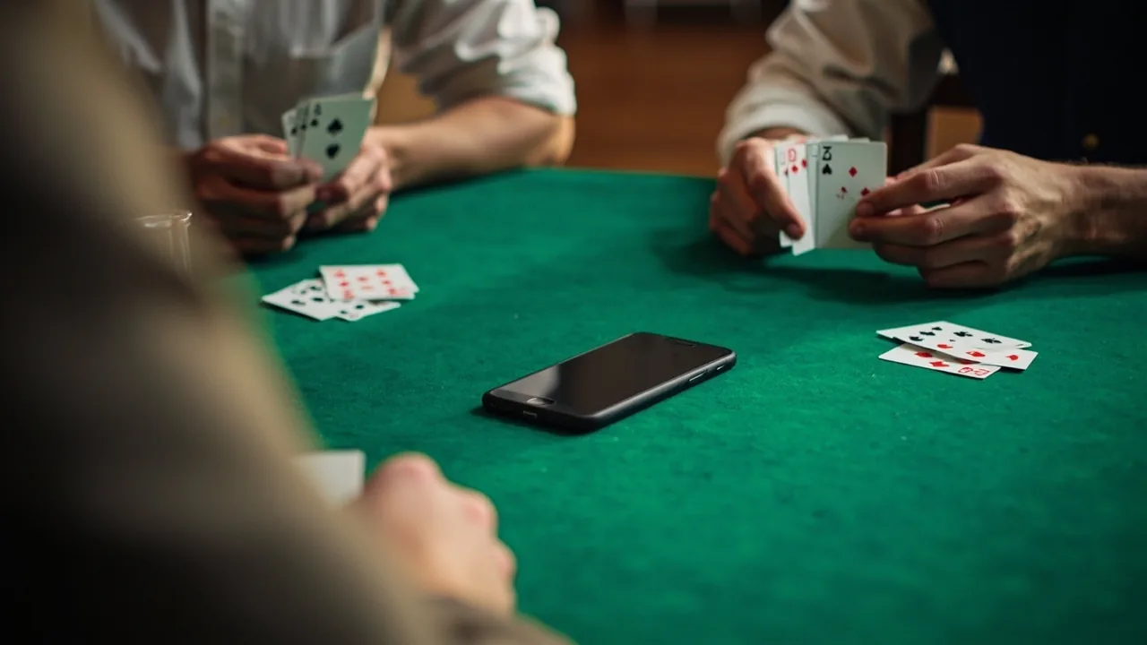 A fan of playing cards on a desk with a phone showing the Bingo 101 app